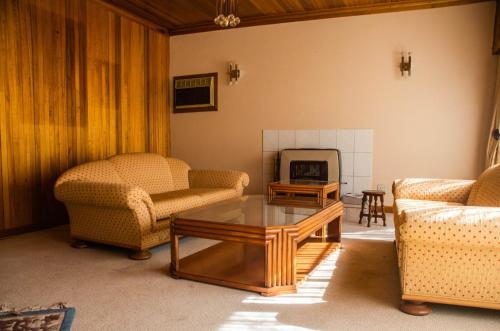 a living room with two couches and a fireplace at Simunye Guest House in Klerksdorp
