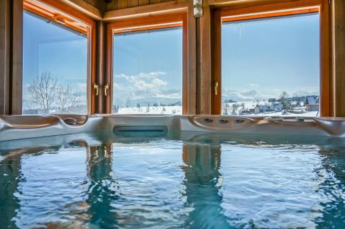 a swimming pool with a view of the snow covered mountains at Hotel REDYK Ski&Relax in Ząb