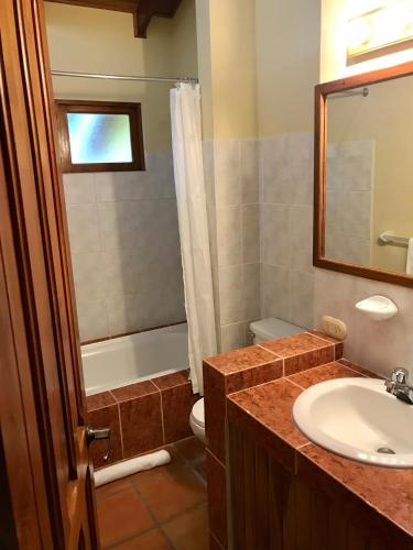 a bathroom with a sink and a toilet and a mirror at Nandel Beach Resort in La Cruz