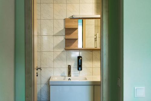 萊茵河畔諾伊恩堡的住宿－Hotel Check-Rhein - Self Check-in，一间带水槽和镜子的浴室