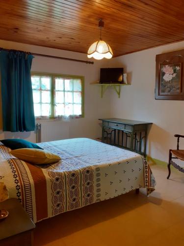 een slaapkamer met een bed en een houten plafond bij CHAMBRES d'HOTES LE ROUSSEL in Le Buisson de Cadouin