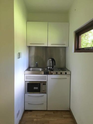 a kitchen with a white stove and a microwave at The Studio in London