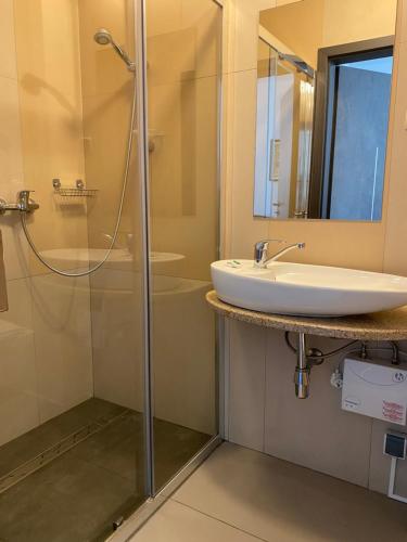 a bathroom with a sink and a shower at Winnica Nawrot in Mechelinki