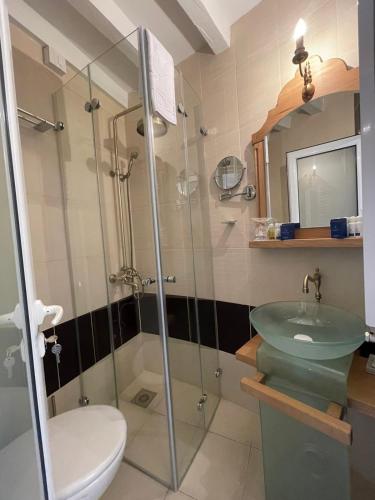 a bathroom with a shower and a toilet and a sink at Garni hotel Oblačinsko jezero in Oblačina