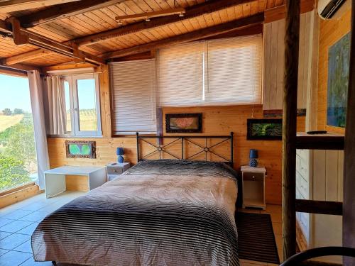 een slaapkamer met een groot bed in een kamer met ramen bij Sunset Valley Village in Motta SantʼAnastasia