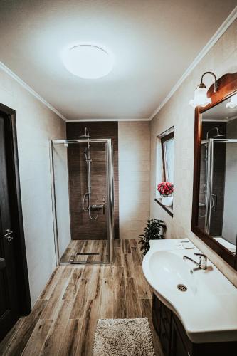a bathroom with a shower and a sink at Pensiunea Romana in Onești