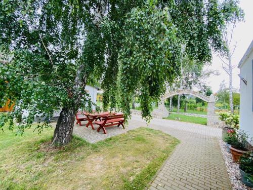 uma mesa de piquenique debaixo de uma árvore num parque em Hostel em Böhlen
