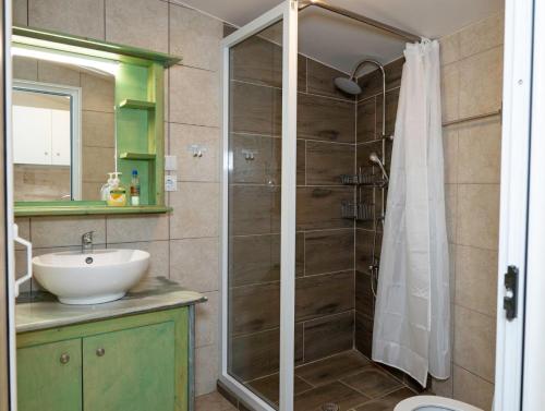 a bathroom with a shower with a sink and a toilet at Kalamata home, Marina B in Kalamata