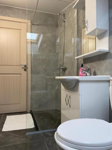 a bathroom with a toilet and a sink and a shower at Pristina Select Apartments in Prishtinë