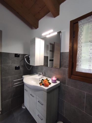 a bathroom with a sink and a mirror at Orobie Holiday Apartments in Albosaggia