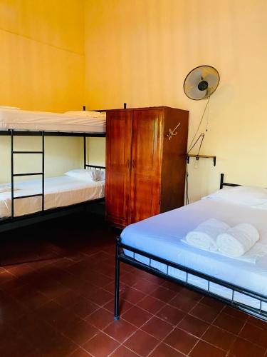 a room with two bunk beds and a lamp at Hostal La Tortuga Booluda in León