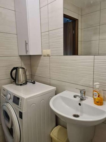 a bathroom with a sink and a washing machine at Gościniec Oaza Sorkwity in Sorkwity