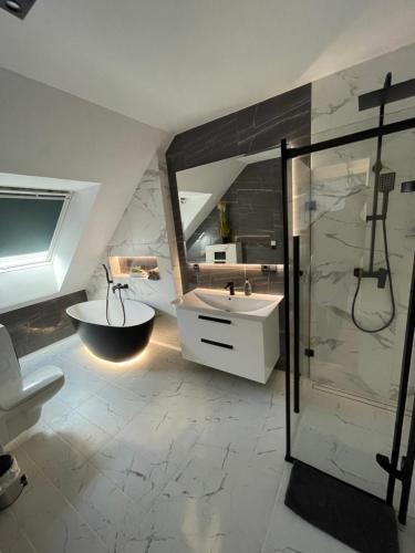 een badkamer met een wastafel, een douche en een toilet bij MYSTAY BERLIN Müggelheim in Berlijn