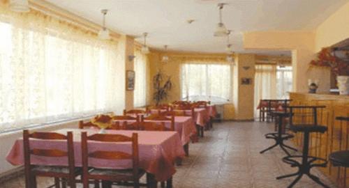 a dining room with tables and chairs and windows at Filareti Hotel in Florina