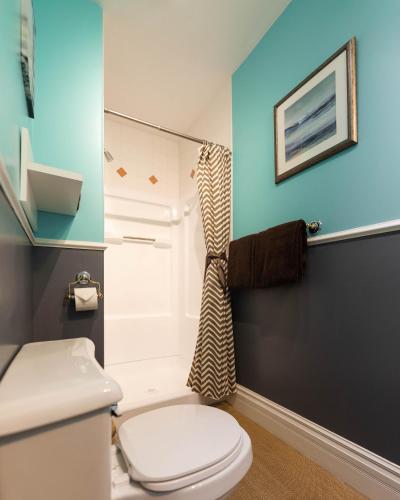 a bathroom with a toilet and a shower at Cloudside Hotel in Nelson