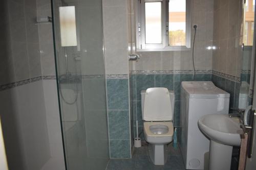 y baño con aseo, lavabo y ducha. en Anacasa Las Viñas Playa Rotas AP2140, en Denia