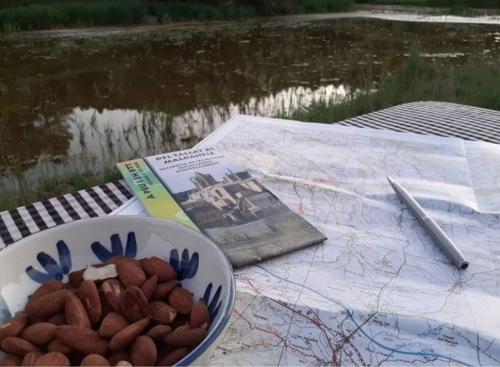 a bowl of nuts sitting on a table next to a map at Cal Baster in Vallbona de les Monges