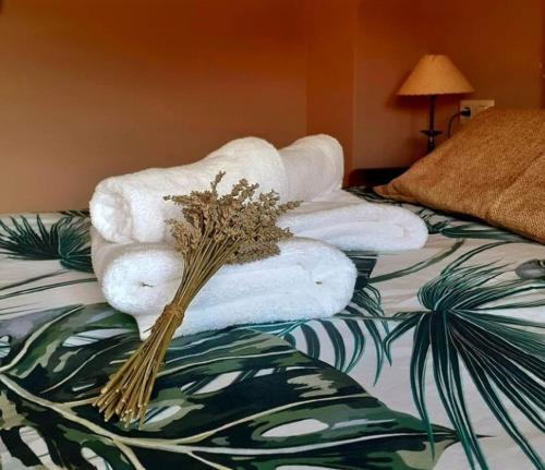 un grupo de toallas sentadas encima de una cama en Cal Baster en Vallbona de les Monges