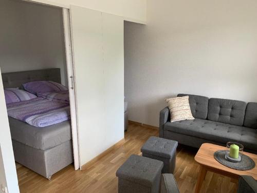 uma sala de estar com um sofá e uma cama em Appartement Sonnenblick em Kollnburg