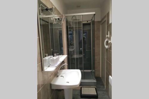 a bathroom with two sinks and a shower at Le Petit Chalet in Bagnoles de l'Orne