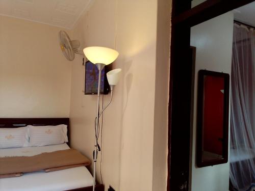 a room with a bed and a lamp and a mirror at Royal Park Hotel in Jinja