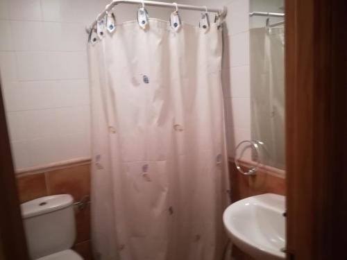 ein Badezimmer mit Dusche, Toilette und Waschbecken in der Unterkunft Casa Rural Valdecorneja in Hoyorredondo