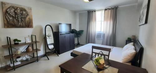 a living room with a bed and a table at Cozy Studio near Beaches with NetFlix and Pool in Mactan