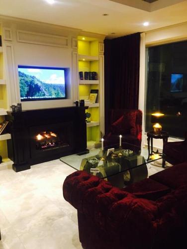 a living room with a fireplace and a television at Seas Hotel Amman in Amman
