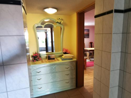 a bathroom with a blue dresser and a mirror at Zimmervermietung Koltermann in Greifswald