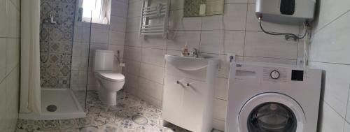a bathroom with a washing machine and a toilet at Domek w górach Na Grapie in Stryszawa