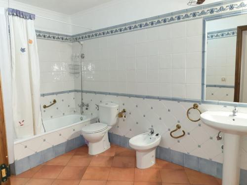 y baño con 2 aseos, bañera y lavamanos. en Apartamentos Cádiz el Chico, en Grazalema