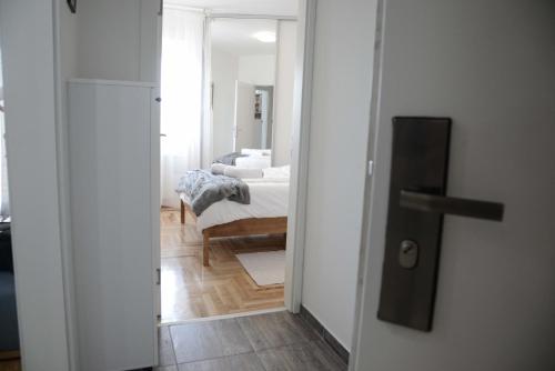 a view of a bedroom with a bed and a mirror at Apartment DobraYa Grey in Novi Sad