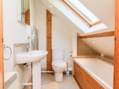 a bathroom with a toilet and a sink and a bath tub at Nattaden Fourwinds in Okehampton