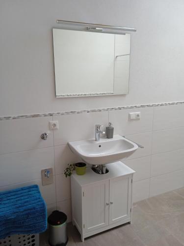 a bathroom with a white sink and a mirror at Ferienwohnung Fernweh in Bolsterlang
