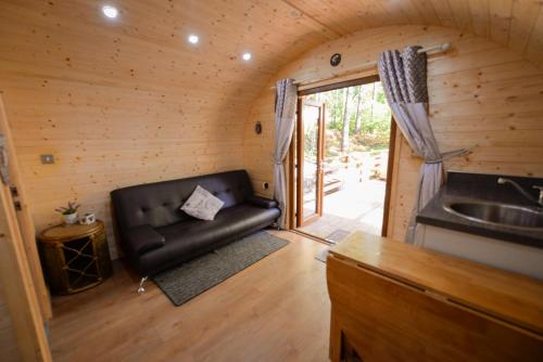 una sala de estar con sofá de cuero en una cabaña de madera en Broomhills Farm River Eco Pods, en Carlisle