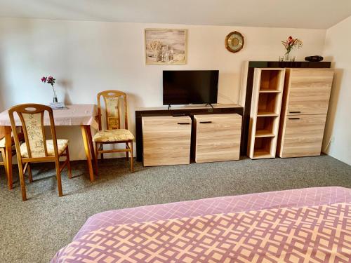 a bedroom with a desk with a television and a table at Pension Lenka 2 in Harrachov