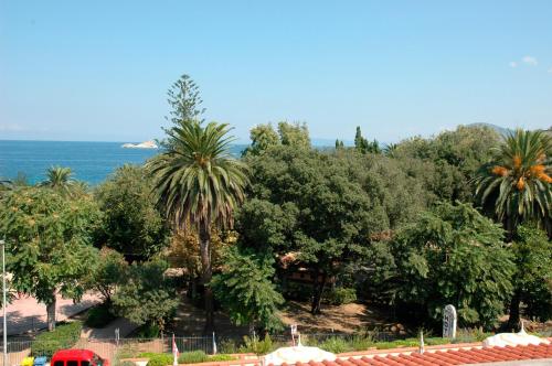 a view of the ocean from a resort with palm trees at Hotel Crystal in Portoferraio