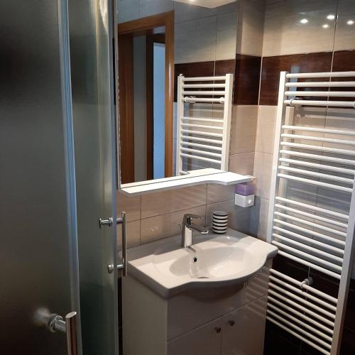 a bathroom with a sink and a mirror at Rooms Marijanović Plitvice in Vrelo Koreničko