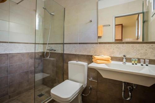 a bathroom with a toilet and a sink and a shower at Marinos Apartments in Lassi