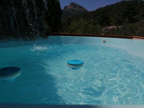 a pool of blue water with two balls in it at Casa Rural la Piedra del Cambrón in Villaverde de Guadalimar