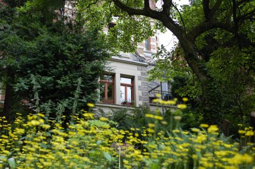 a garden with yellow flowers in front of a house at Magnolia Suite in Eisenach
