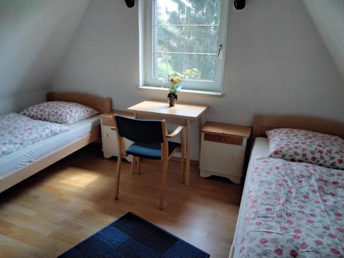 Zimmer mit 2 Betten, einem Schreibtisch und einem Fenster in der Unterkunft Pusteblume in Groitzsch