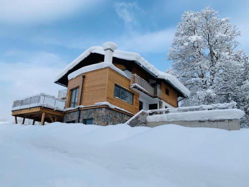 a house covered in snow with a pile of snow at Bergkristallhaus in Ramsau am Dachstein