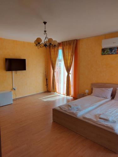 ein Schlafzimmer mit einem großen Bett und einem TV in der Unterkunft Casa Eric in Baile Felix