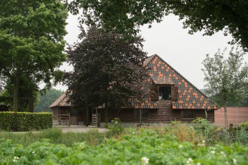 Heesch的住宿－Erve Jonkerhoeve，一座拥有橙色屋顶的木屋