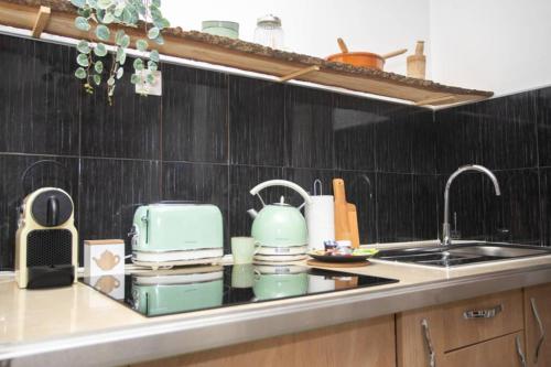 a kitchen counter with a sink and a stove at Le Bohème, Cosy, Hypercentre in Grenoble