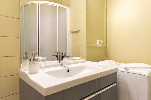 ein Badezimmer mit einem weißen Waschbecken und einem Spiegel in der Unterkunft Travel Homes - Le Freedom, chaleureux & spacieux in Mulhouse