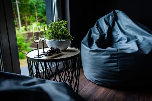 a table with a plant and two glasses of wine at Vila Smiltynė ant ežero kranto in Kuodžiai