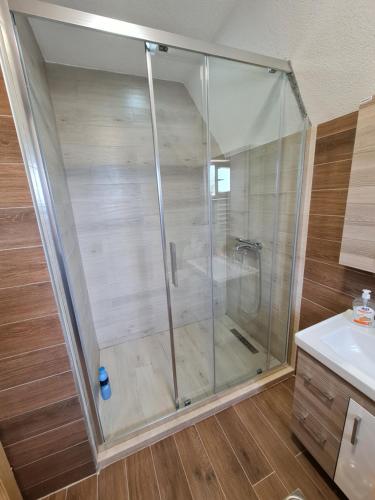 une douche avec une porte vitrée dans une salle de bain dans l'établissement Original Wooden Lodge 2, à Žabljak