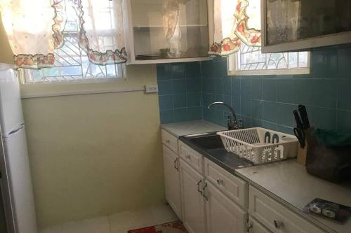 a kitchen with a sink and a counter top at Sasha’s Holiday Home Oistins Barbados in Christ Church